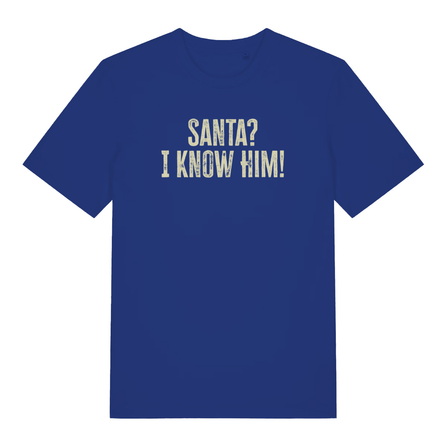 blue christmas t-shirt with the slogan 'santa i know him'