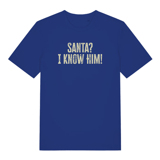blue christmas t-shirt with the slogan 'santa i know him'