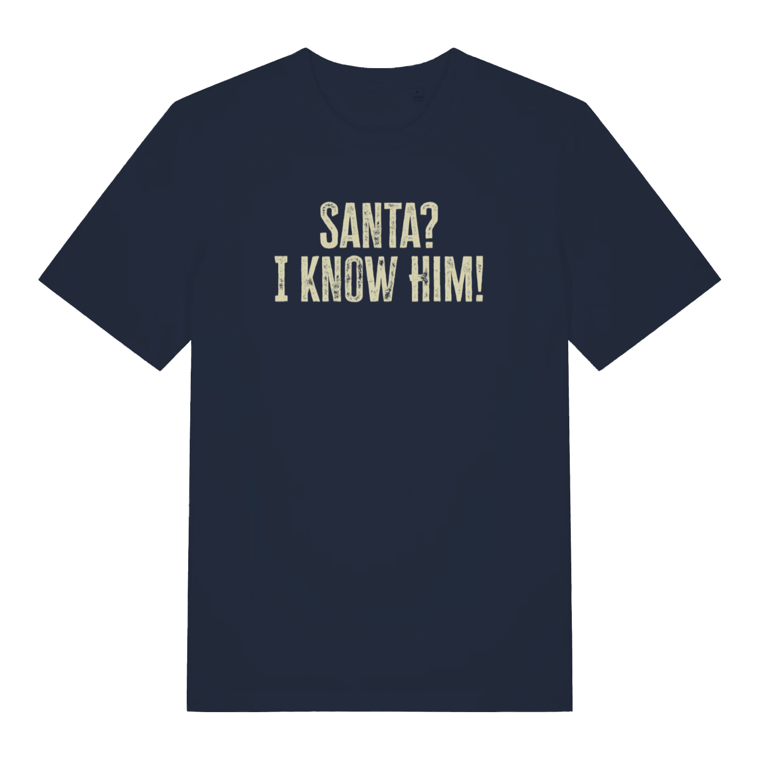 navy christmas t-shirt with the slogan 'santa i know him'