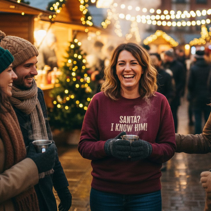 Woman in a festive setting wearing a sweater with Santa? I know him, holding a cup. At Manchester's Christmas Market
