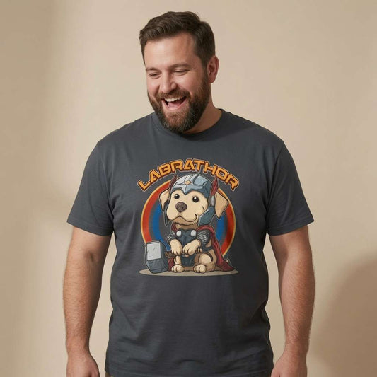 Bearded man laughing looking down in ink grey Labrathor t-shirt, mens witty hero labrador pun graphic