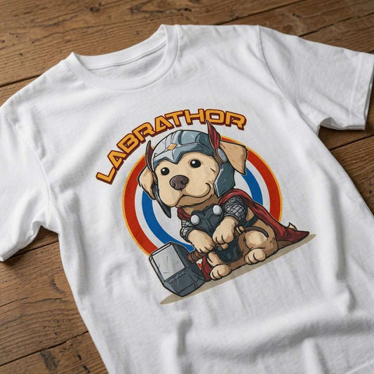 White Labrathor t-shirt on wood featuring Labrador Thor dog graphic, mens witty labrador pun graphic