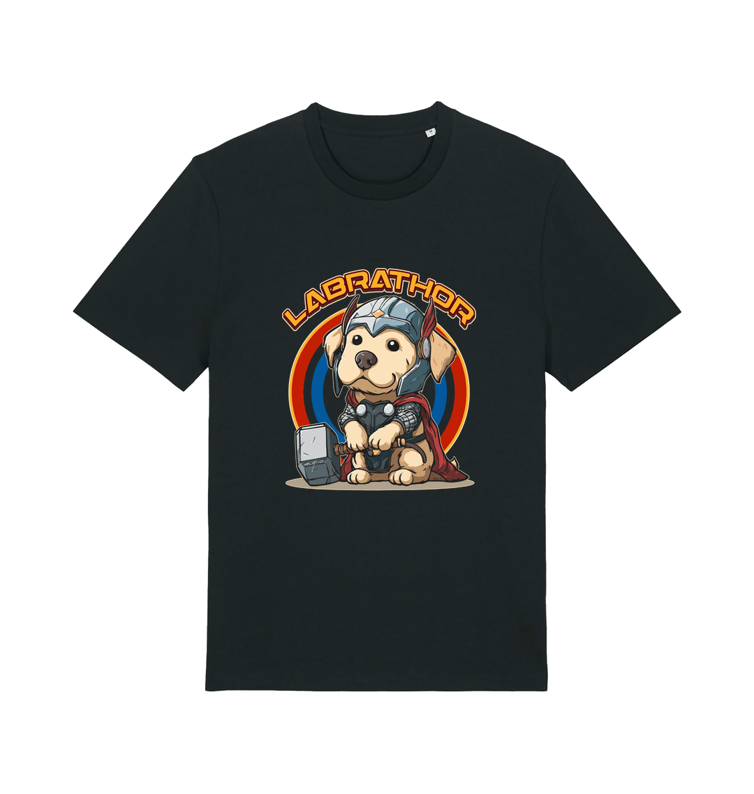 Black funny animal t-shirt with a cartoon dog wearing a helmet and holding a hammer, labelled 'Labrathor'