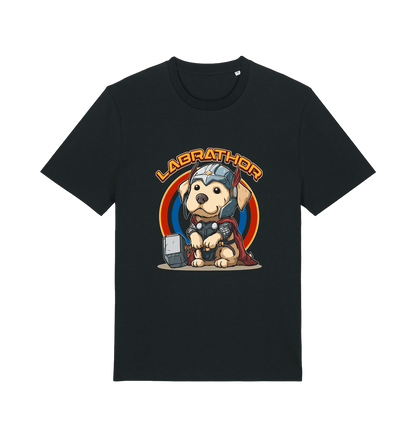 Black funny animal t-shirt with a cartoon dog wearing a helmet and holding a hammer, labelled 'Labrathor'