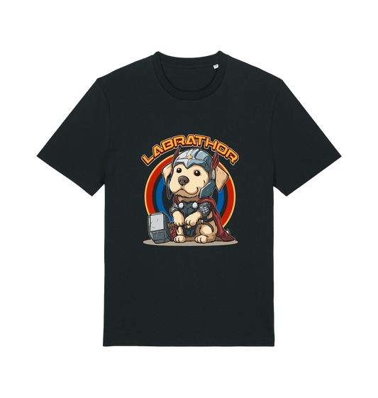 Black funny animal t-shirt with a cartoon dog wearing a helmet and holding a hammer, labelled 'Labrathor'