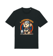 Black funny animal t-shirt with a cartoon dog wearing a helmet and holding a hammer, labelled 'Labrathor'