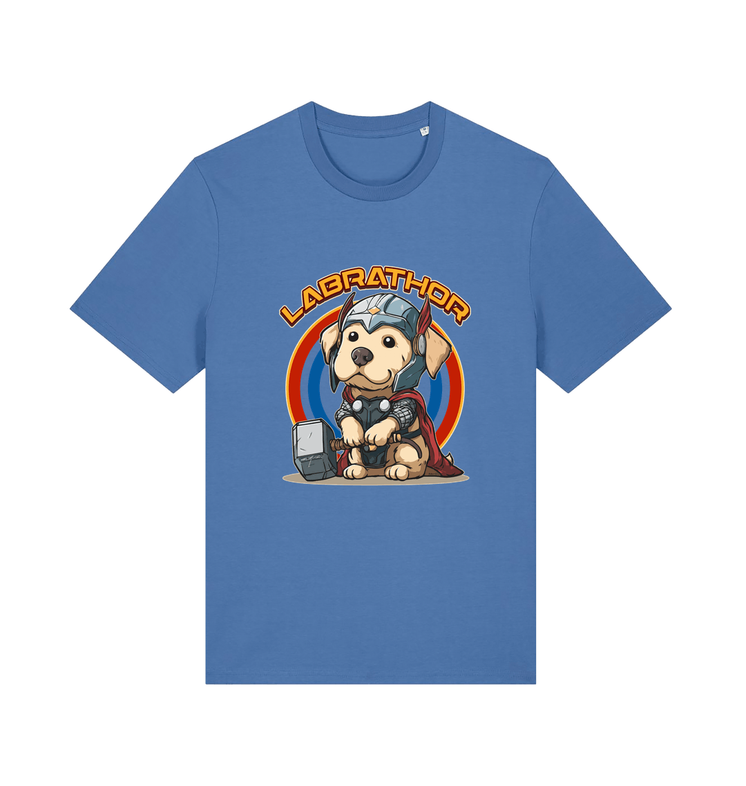 blue funny animal t-shirt with a cartoon dog wearing a helmet and holding a hammer, labelled 'Labrathor'