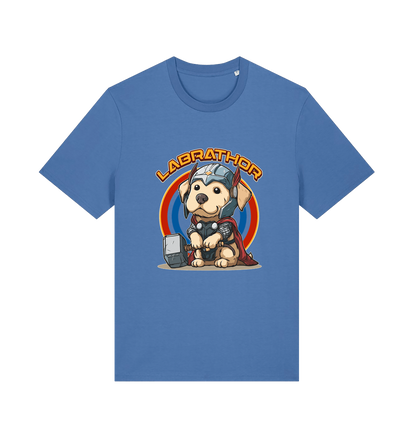blue funny animal t-shirt with a cartoon dog wearing a helmet and holding a hammer, labelled 'Labrathor'