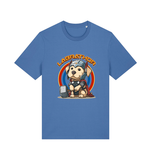 blue funny animal t-shirt with a cartoon dog wearing a helmet and holding a hammer, labelled 'Labrathor'