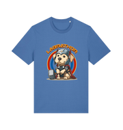 blue funny animal t-shirt with a cartoon dog wearing a helmet and holding a hammer, labelled 'Labrathor'