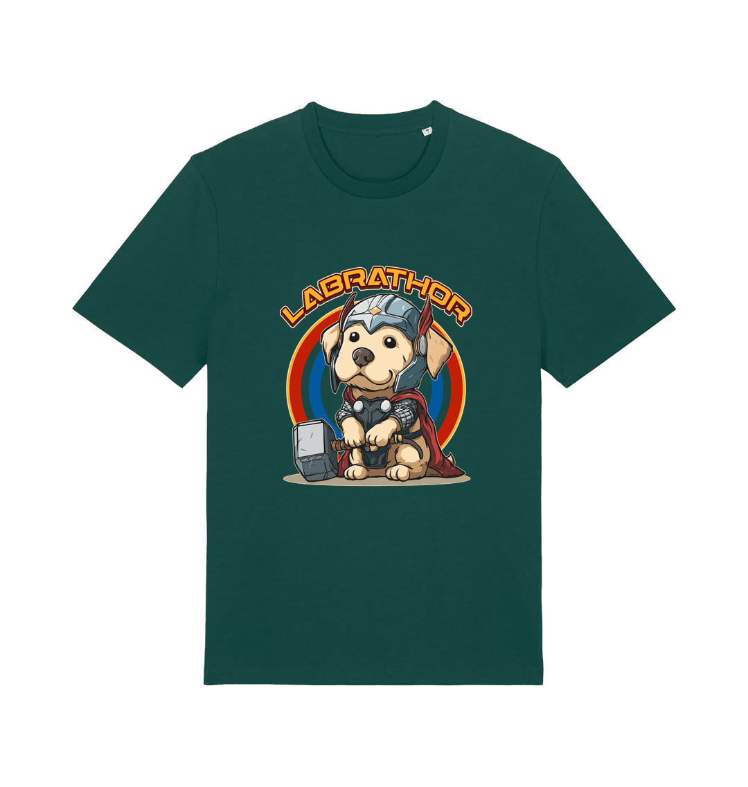 green funny animal t-shirt with a cartoon dog wearing a helmet and holding a hammer, labelled 'Labrathor'