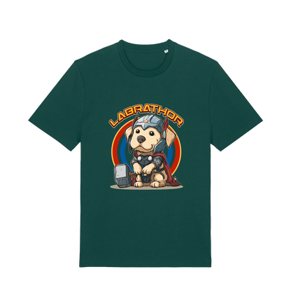 green funny animal t-shirt with a cartoon dog wearing a helmet and holding a hammer, labelled 'Labrathor'