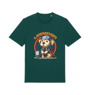 green funny animal t-shirt with a cartoon dog wearing a helmet and holding a hammer, labelled 'Labrathor'
