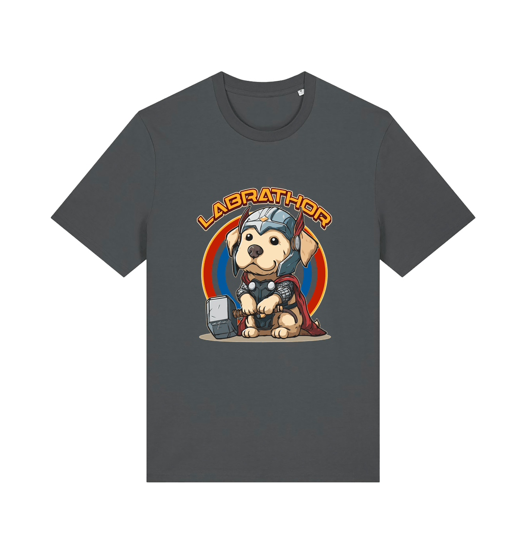 grey funny animal t-shirt with a cartoon dog wearing a helmet and holding a hammer, labelled 'Labrathor'