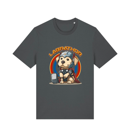 grey funny animal t-shirt with a cartoon dog wearing a helmet and holding a hammer, labelled 'Labrathor'