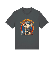 grey funny animal t-shirt with a cartoon dog wearing a helmet and holding a hammer, labelled 'Labrathor'