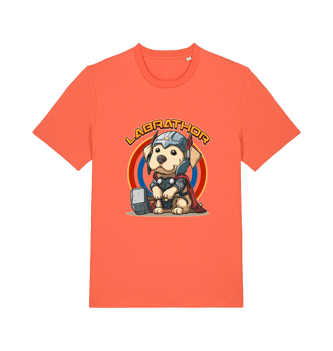 orange funny animal t-shirt with a cartoon dog wearing a helmet and holding a hammer, labelled 'Labrathor'
