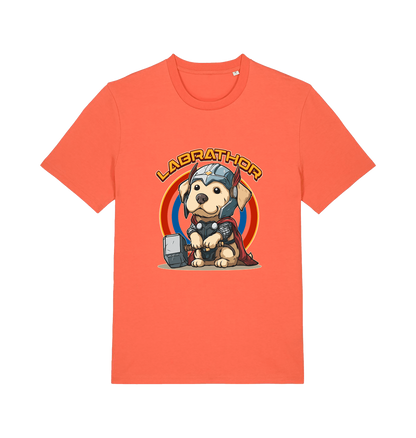 orange funny animal t-shirt with a cartoon dog wearing a helmet and holding a hammer, labelled 'Labrathor'