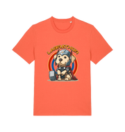 orange funny animal t-shirt with a cartoon dog wearing a helmet and holding a hammer, labelled 'Labrathor'