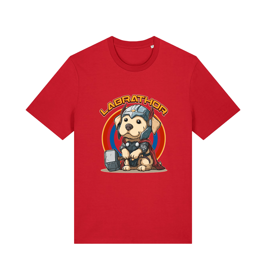 red funny animal t-shirt with a cartoon dog wearing a helmet and holding a hammer, labelled 'Labrathor'