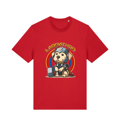 red funny animal t-shirt with a cartoon dog wearing a helmet and holding a hammer, labelled 'Labrathor'