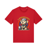 red funny animal t-shirt with a cartoon dog wearing a helmet and holding a hammer, labelled 'Labrathor'