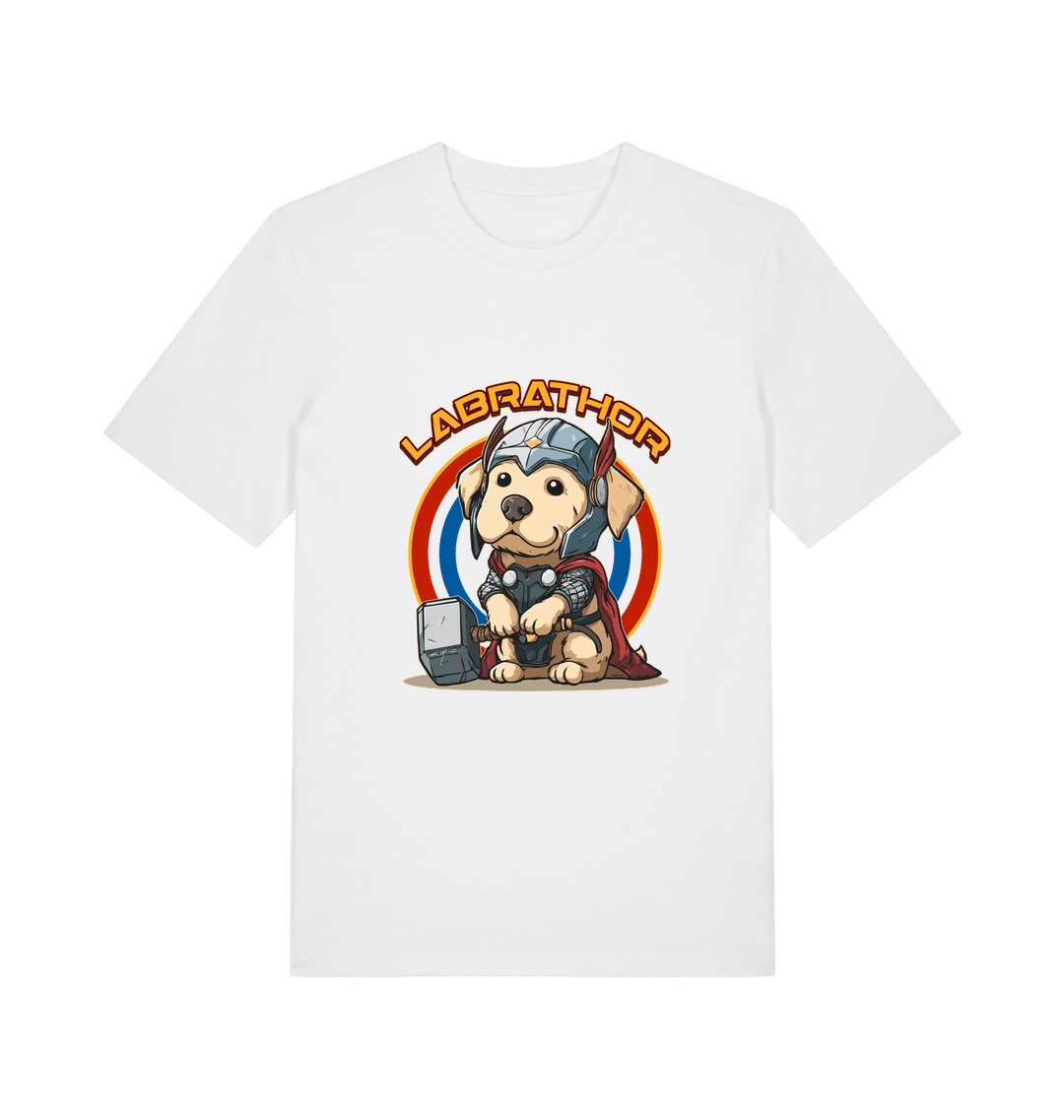 white funny animal t-shirt with a cartoon dog wearing a helmet and holding a hammer, labelled 'Labrathor'