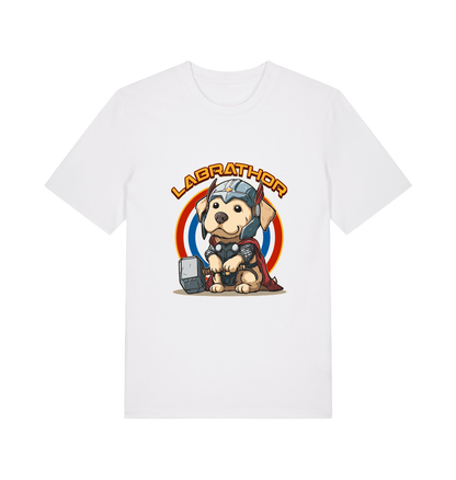white funny animal t-shirt with a cartoon dog wearing a helmet and holding a hammer, labelled 'Labrathor'