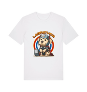 white funny animal t-shirt with a cartoon dog wearing a helmet and holding a hammer, labelled 'Labrathor'