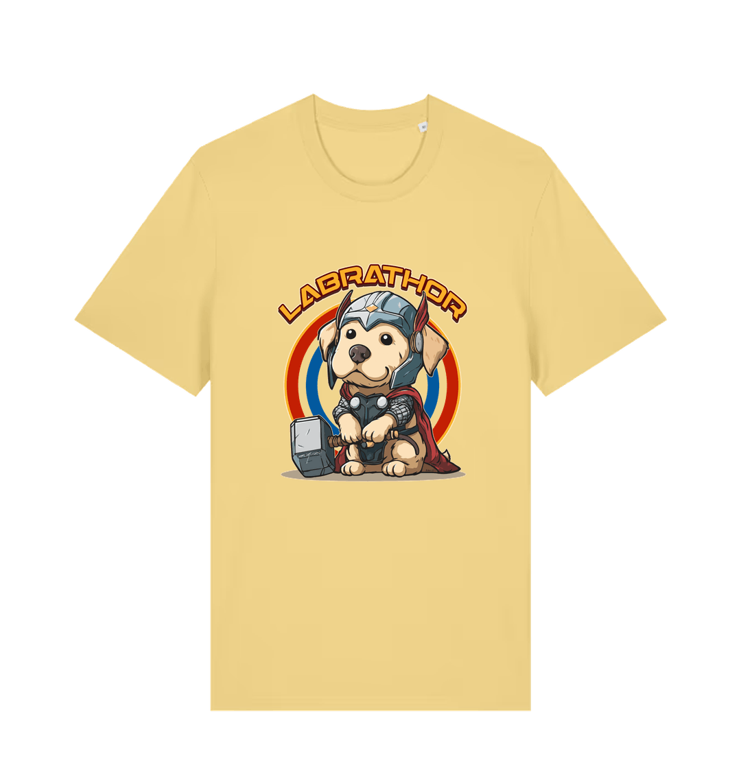 yellow funny animal t-shirt with a cartoon dog wearing a helmet and holding a hammer, labelled 'Labrathor'