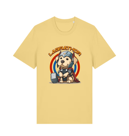 yellow funny animal t-shirt with a cartoon dog wearing a helmet and holding a hammer, labelled 'Labrathor'