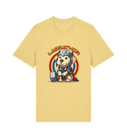 yellow funny animal t-shirt with a cartoon dog wearing a helmet and holding a hammer, labelled 'Labrathor'