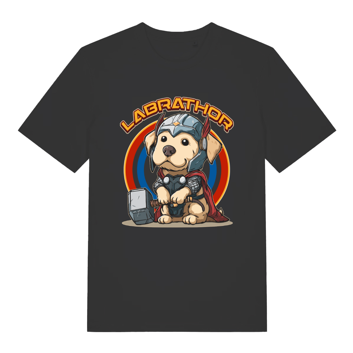 Black women's Labrathor funny graphic t-shirt with cute Labrador puppy dressed as Thor holding Mjolnir  