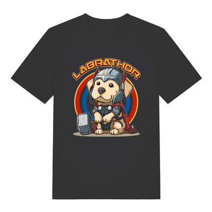 Black women's Labrathor funny graphic t-shirt with cute Labrador puppy dressed as Thor holding Mjolnir  