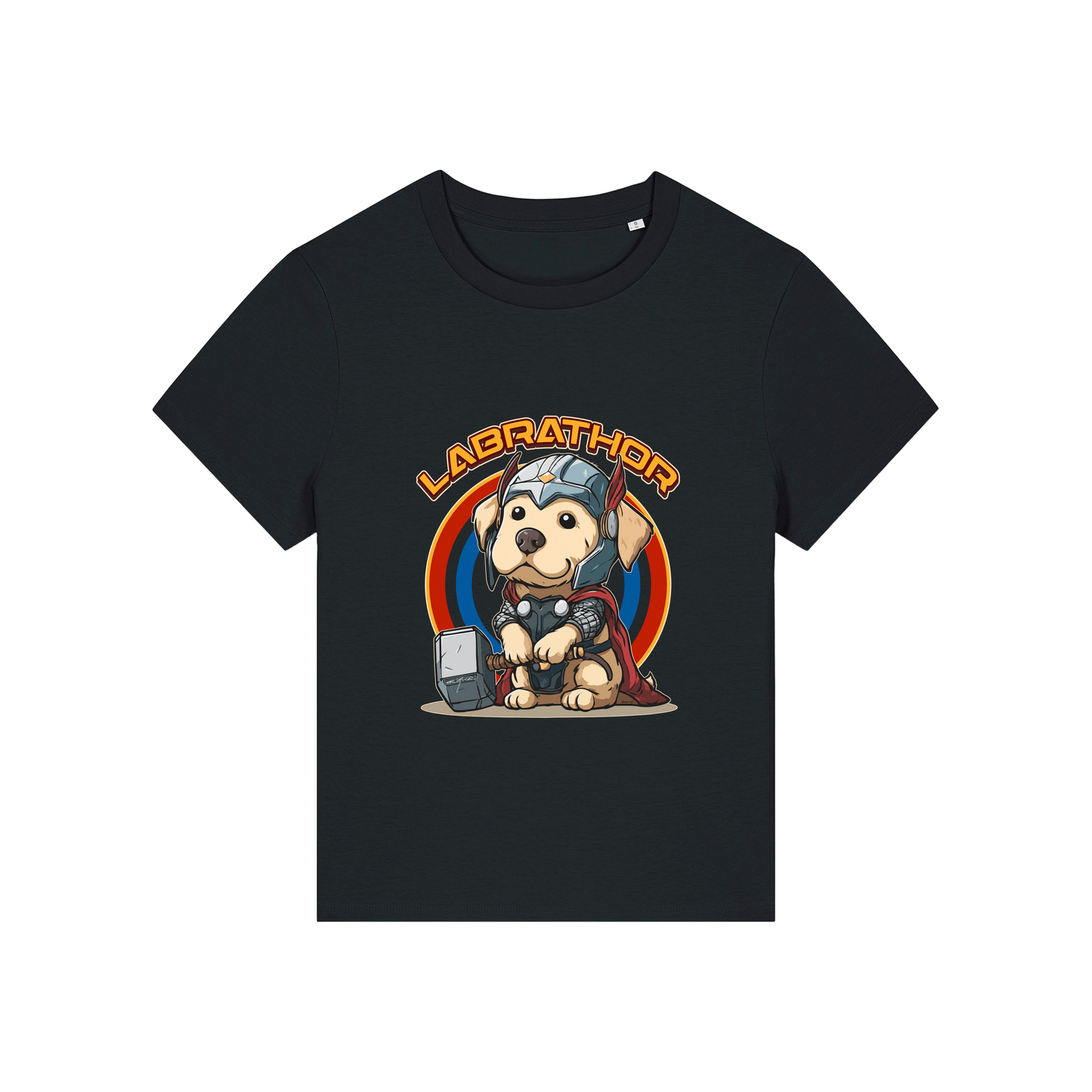 black animal t-shirt with the graphic of a dog dressed as thor and the slogan 'labrathor'