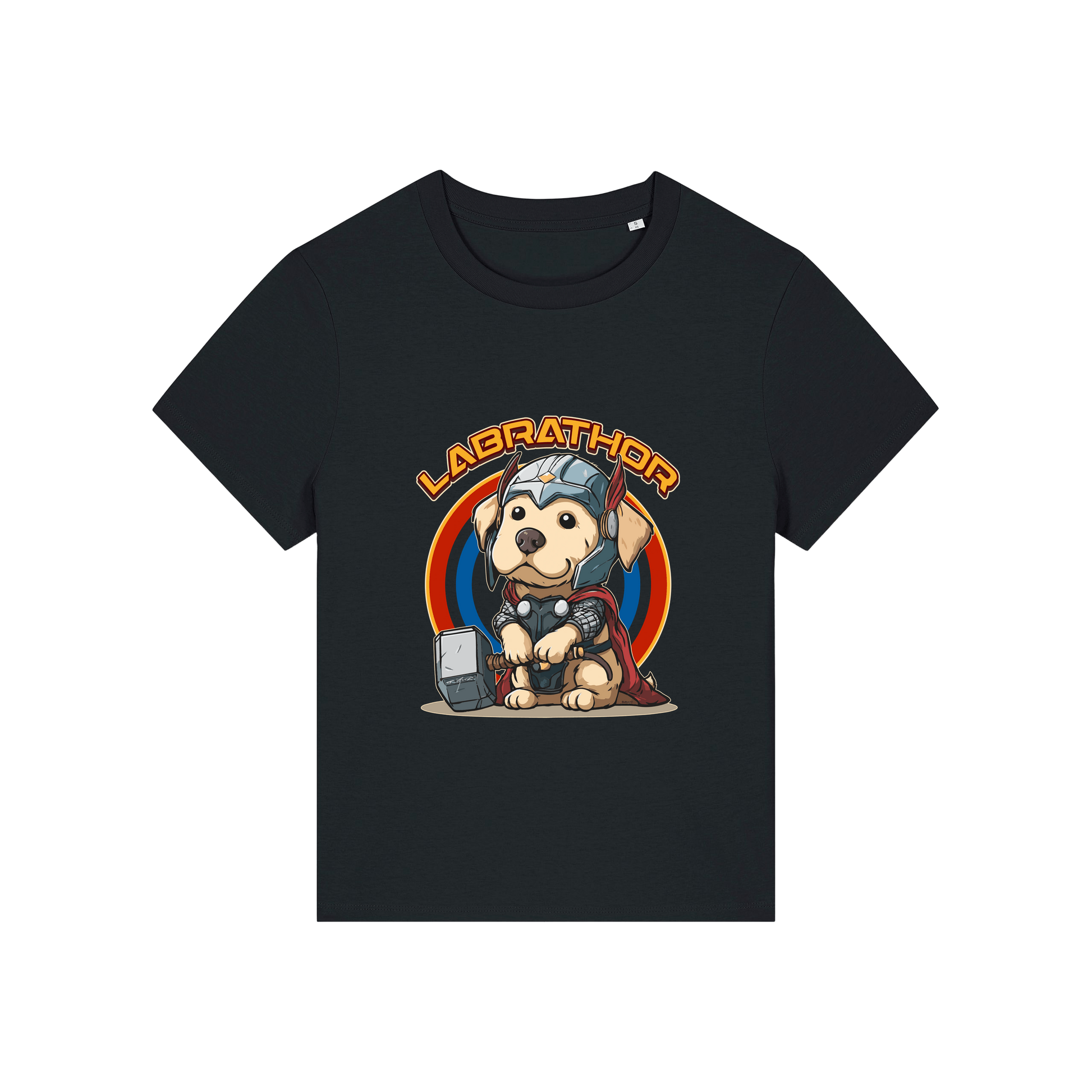 black animal t-shirt with the graphic of a dog dressed as thor and the slogan 'labrathor'