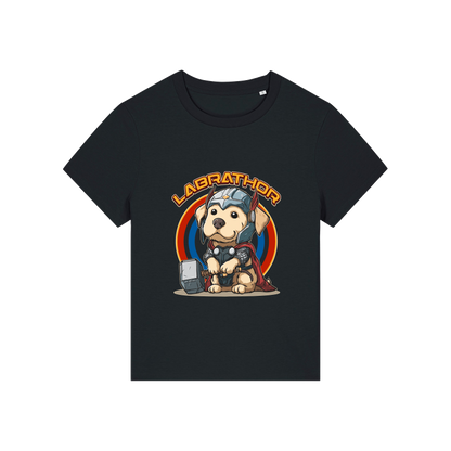 black animal t-shirt with the graphic of a dog dressed as thor and the slogan 'labrathor'