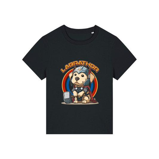 black animal t-shirt with the graphic of a dog dressed as thor and the slogan 'labrathor'