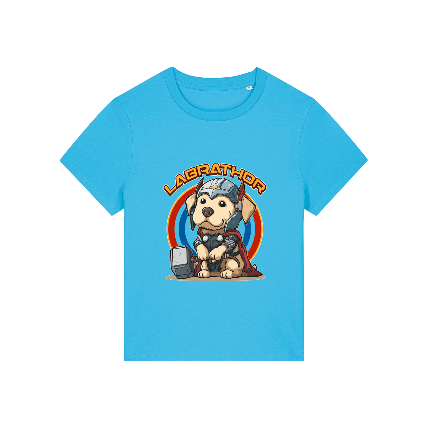blue animal t-shirt with the graphic of a dog dressed as thor and the slogan 'labrathor'