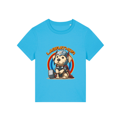 blue animal t-shirt with the graphic of a dog dressed as thor and the slogan 'labrathor'