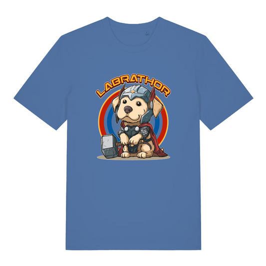 blue women's funny animal t-shirt with the graphic of a cartoon dog dressed as thor and the slogan 'labrathor'