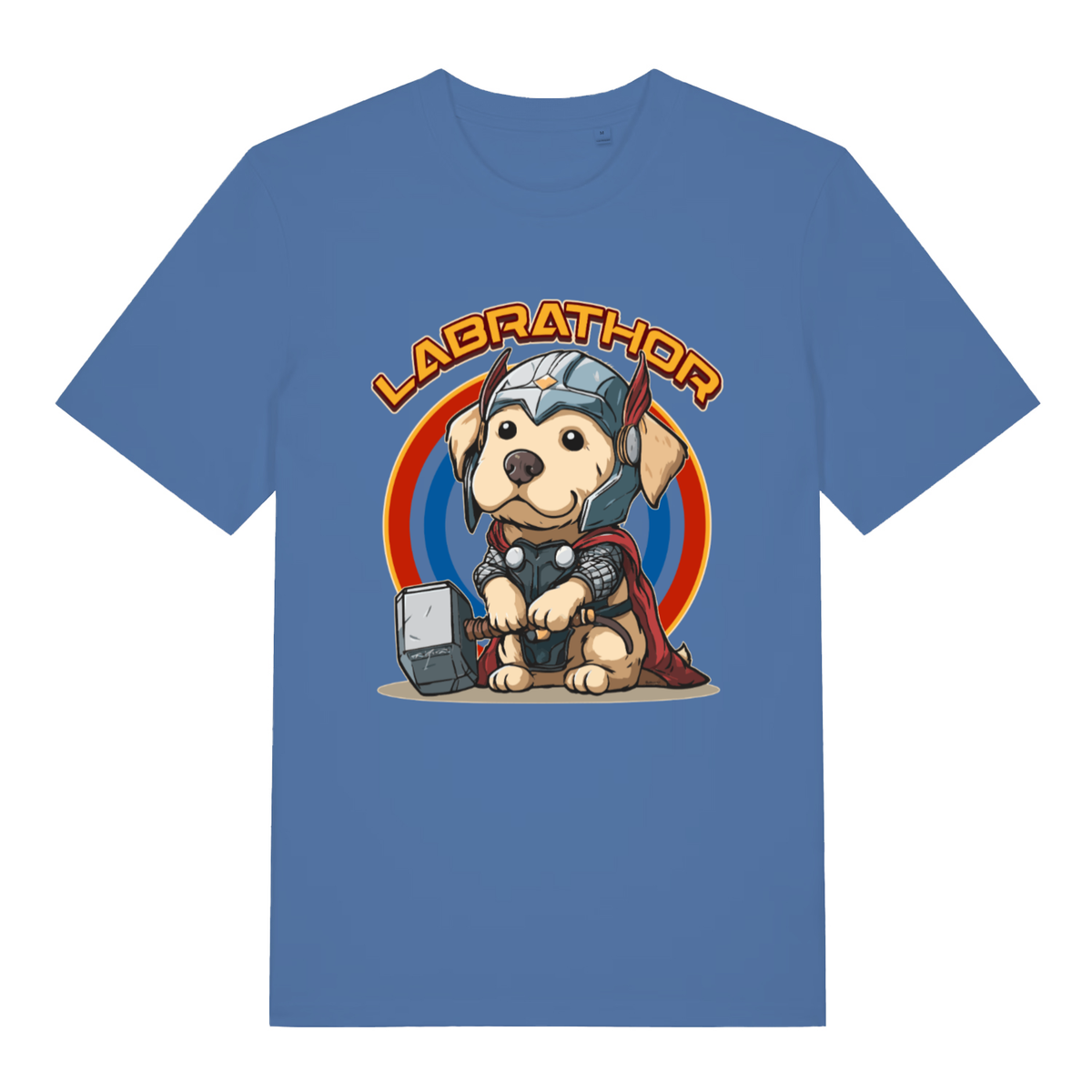 Blue women's Labrathor funny graphic t-shirt featuring Labrador in Thor helmet and cape with “LABRATHOR” text  
