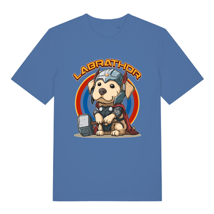 Blue women's Labrathor funny graphic t-shirt featuring Labrador in Thor helmet and cape with “LABRATHOR” text  