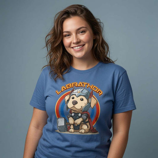 Woman smiling looking to the side in blue Labrathor tee with Thor Labrador design, ladies funny labrador pun graphic