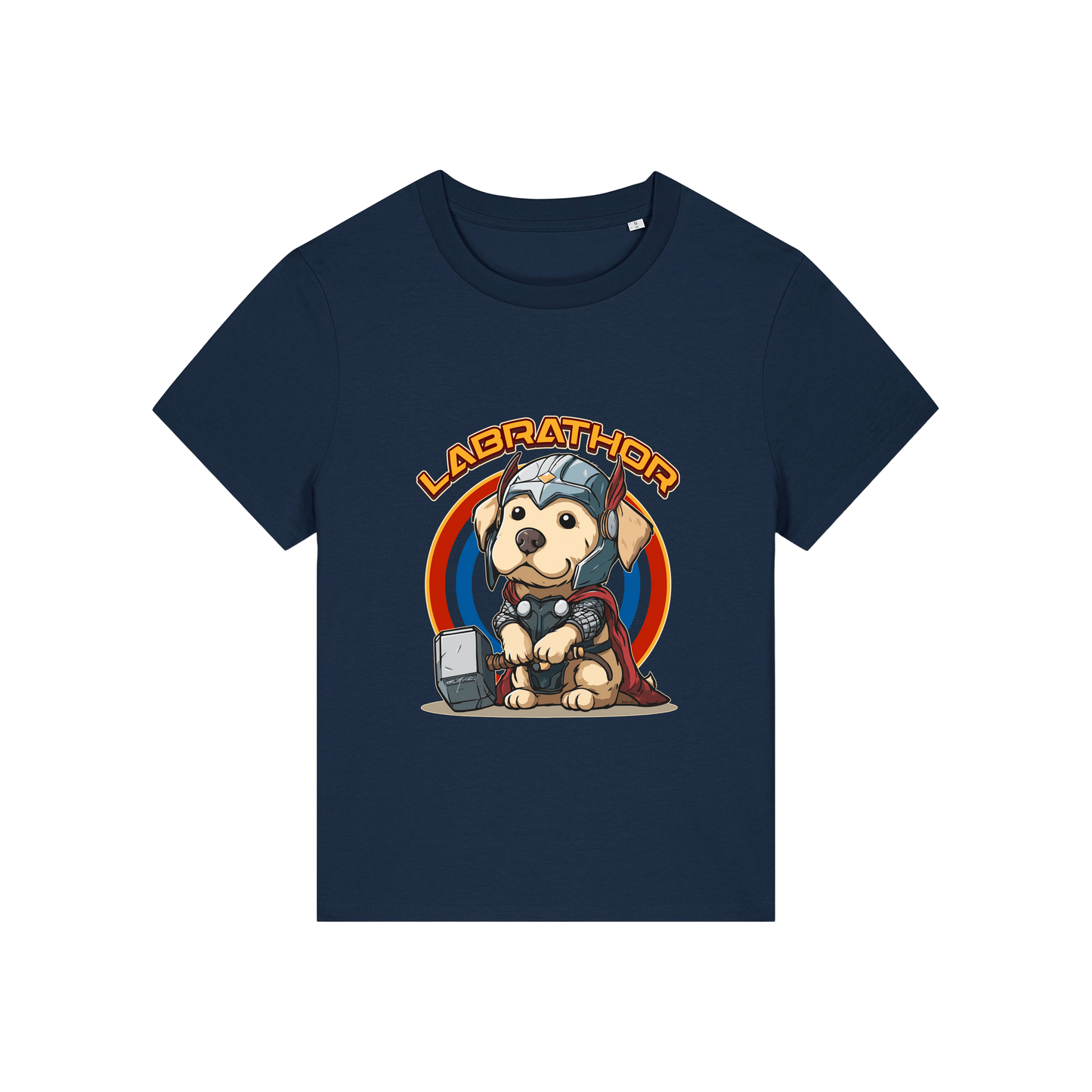 navy animal t-shirt with the graphic of a dog dressed as thor and the slogan 'labrathor'