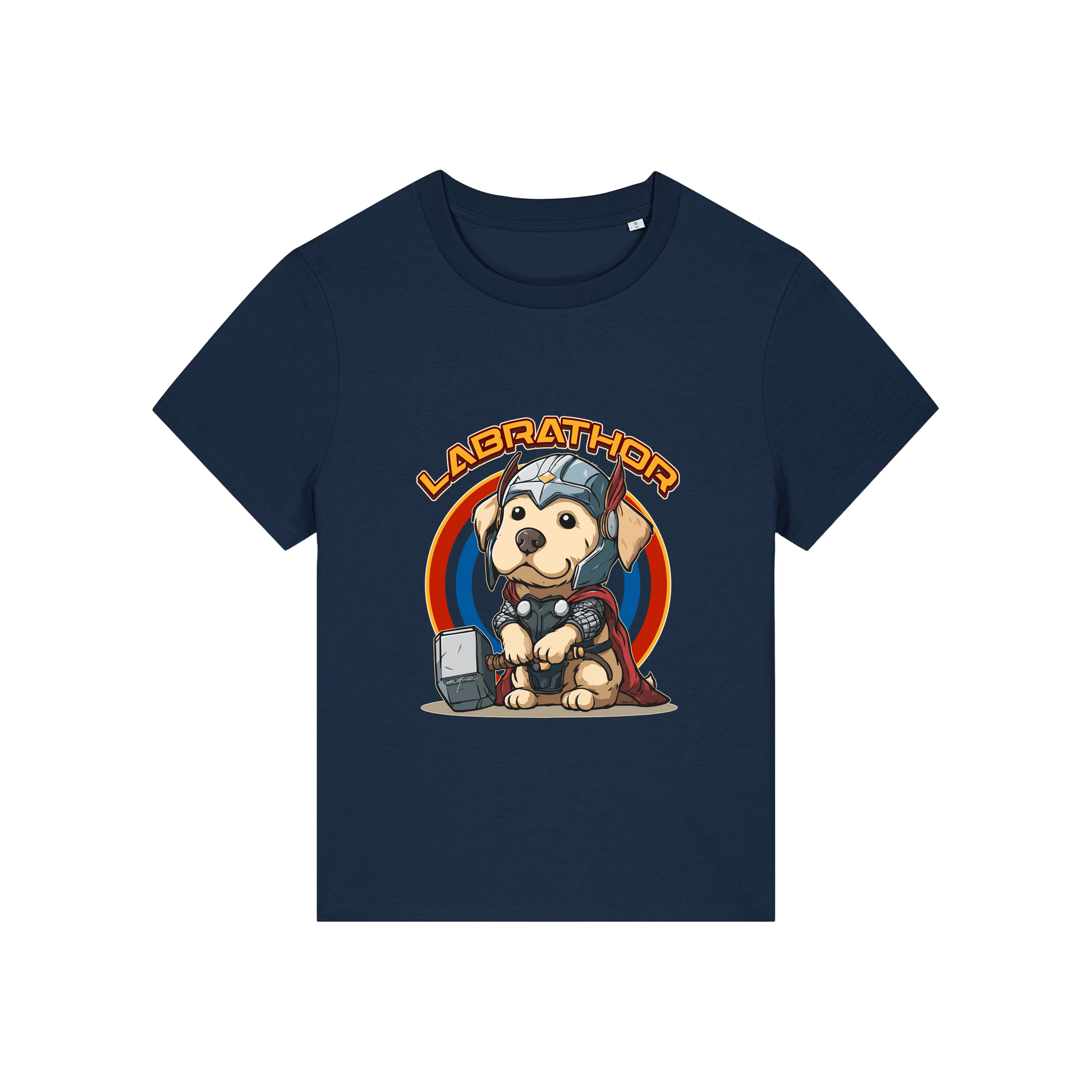 navy animal t-shirt with the graphic of a dog dressed as thor and the slogan 'labrathor'