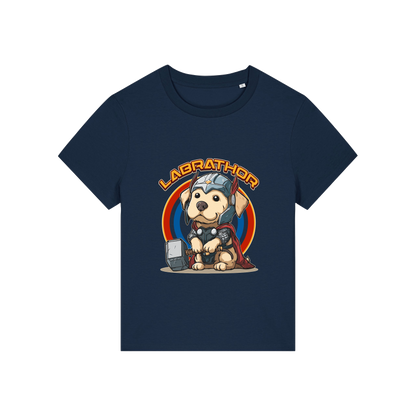 navy animal t-shirt with the graphic of a dog dressed as thor and the slogan 'labrathor'