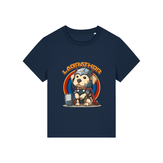 navy animal t-shirt with the graphic of a dog dressed as thor and the slogan 'labrathor'