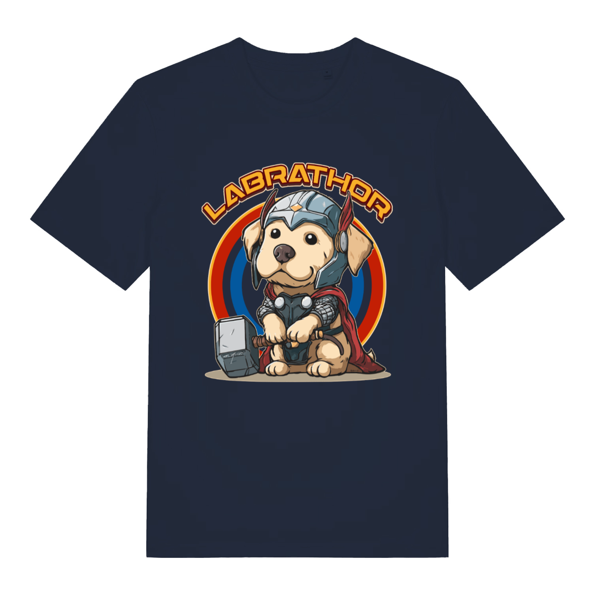 Navy women's Labrathor funny graphic t-shirt showing superhero Labrador dog with hammer and bold “LABRATHOR” lettering  