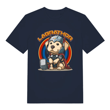 Navy women's Labrathor funny graphic t-shirt showing superhero Labrador dog with hammer and bold “LABRATHOR” lettering  